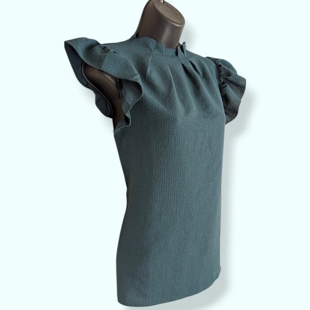Niay Green Pleated Ruffle Shoulder Top - Picture 3 of 8